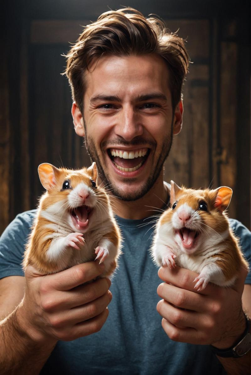 20240308121559 990788698 by Arthur Wardle and Eytan Zana and Emilia Wilk , man holding up two cute hamsters while laughing maniacally, dual wielding hams.png